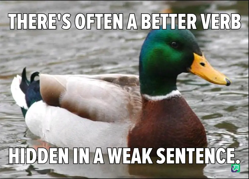 A mallard duck with a green head and yellow beak is swimming in water, with bold white text overlaid at the top and bottom…
