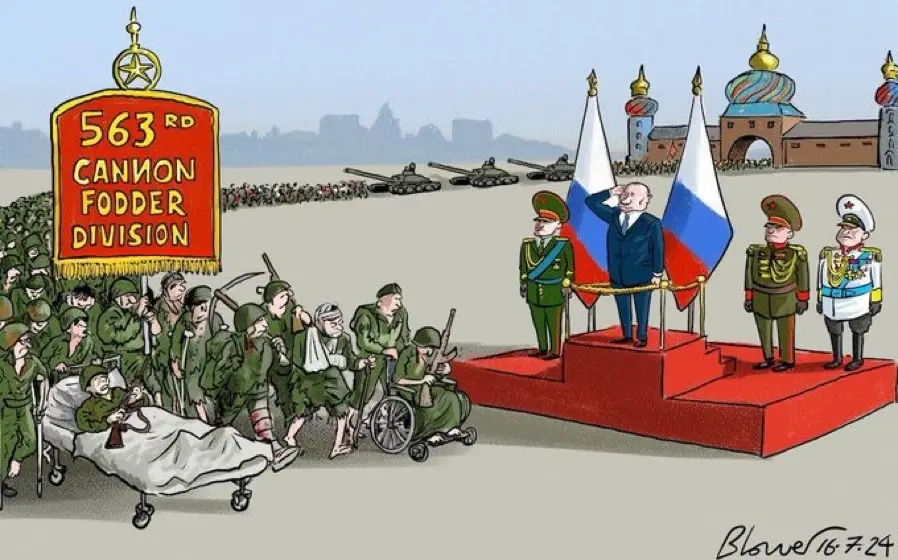 A cartoon depicts a military parade with Vladimir Putin saluting from a podium beside Russian flags, while a large banner…