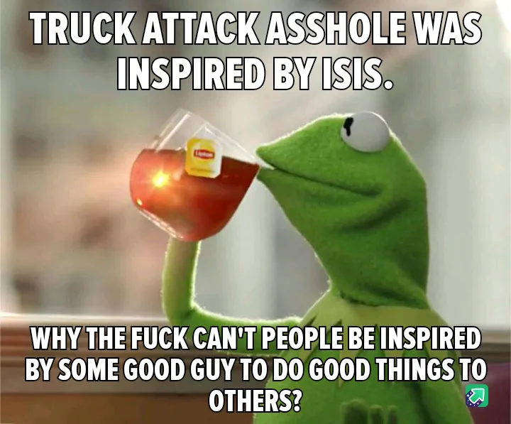 A green frog puppet, Kermit the Frog, is shown holding a glass of tea with a Lipton tag, sipping it calmly while looking at…