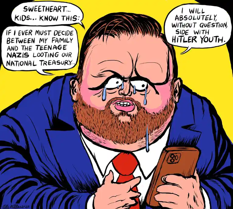 A cartoon man in a blue suit and red tie, crying while holding a phone, delivers a dramatic monologue about choosing between…