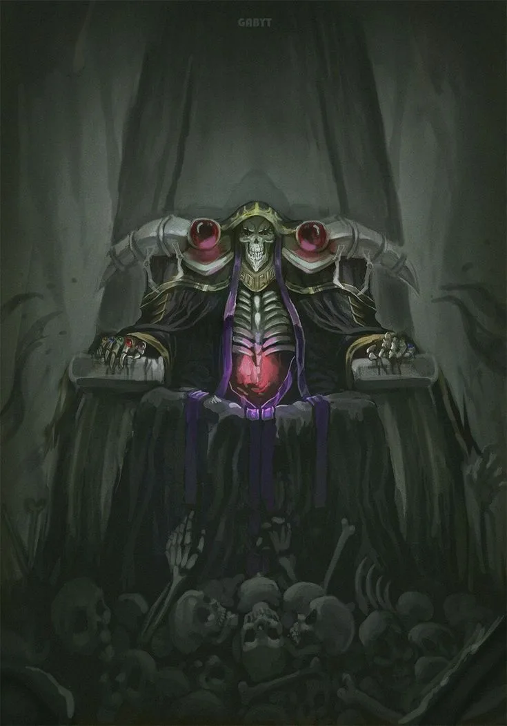 A skeletal figure in ornate armor sits on a throne surrounded by skulls and bones, with glowing red orbs on its shoulders…