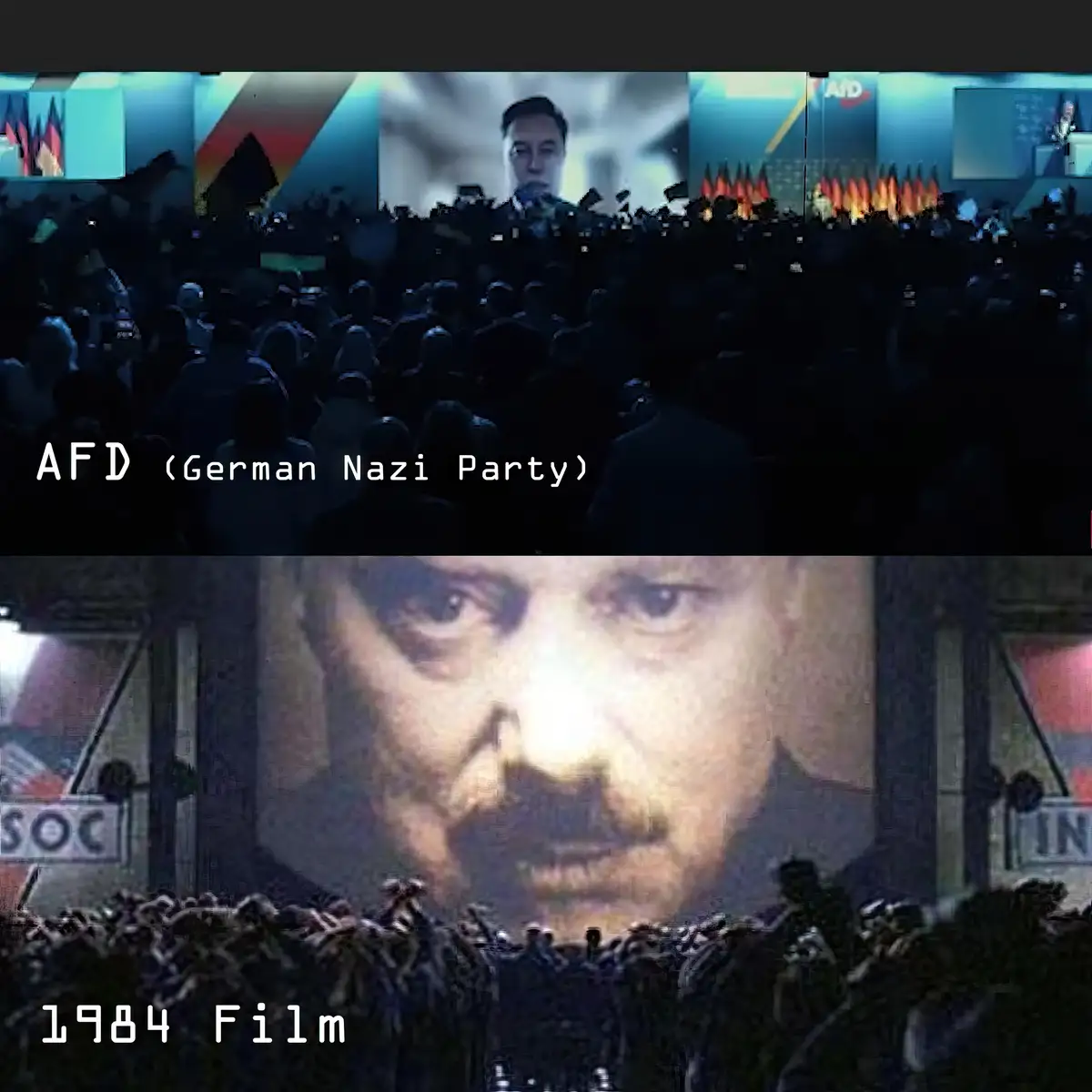 The image is split into two panels. The top panel shows a crowd at a political rally with a large screen displaying Elon…