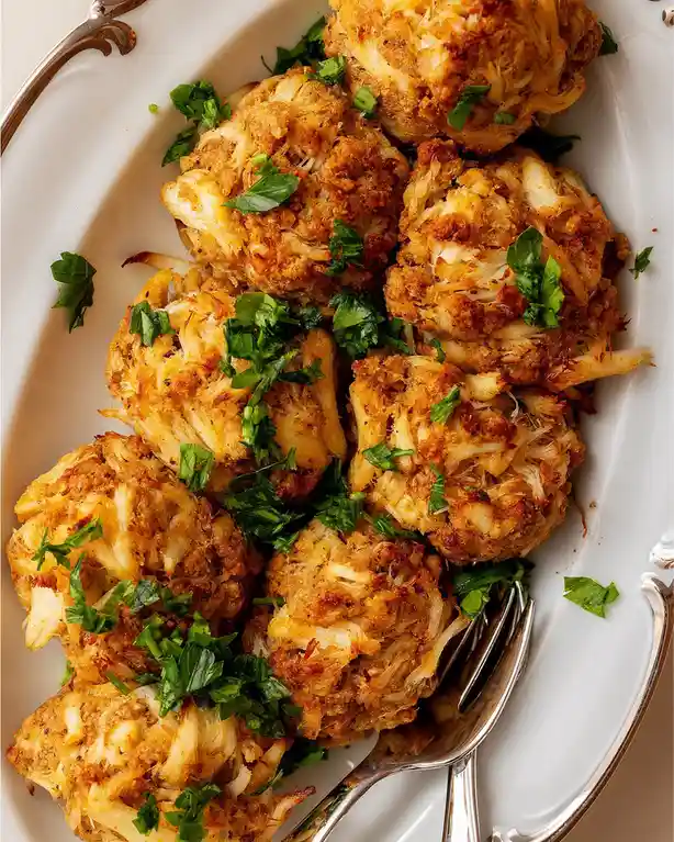 A close-up photo shows a white platter filled with golden-brown, crispy crab cakes garnished with chopped green parsley. Two…