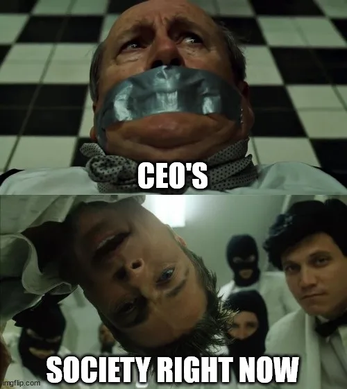 The image is a two-panel meme. The top panel shows a man with duct tape over his mouth, looking upward, with the text…
