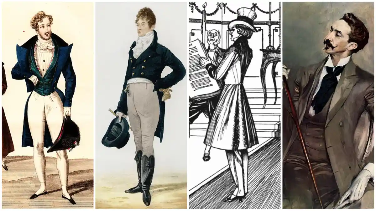 A four-panel collage showing men's fashion evolution: 1800s waistcoat and breeches, 1820s tailcoat and boots, 1880s top hat…