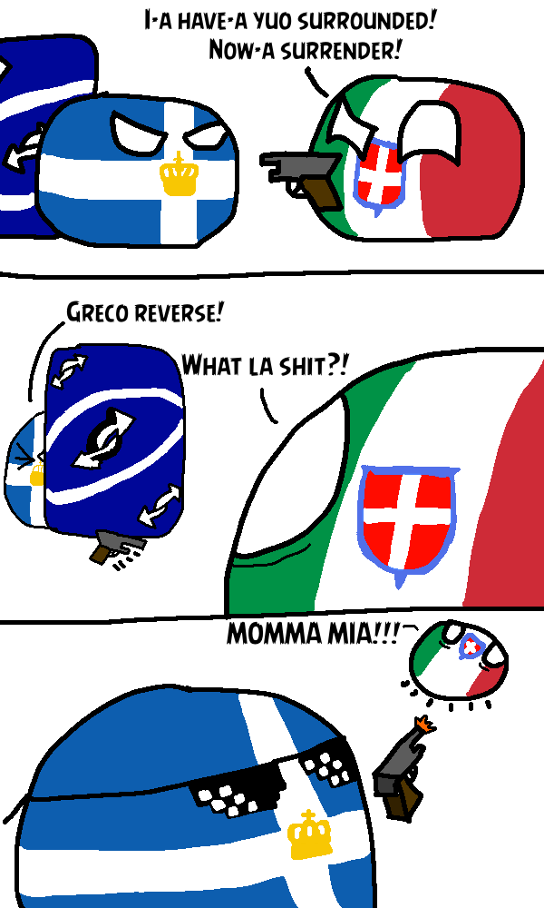 A three-panel comic featuring anthropomorphic country balls: Greece (blue and white with a crown) and Italy (green, white…