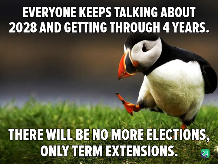 A photograph of a puffin standing on green grass, looking slightly confused or resigned, with bold white text overlaid at…