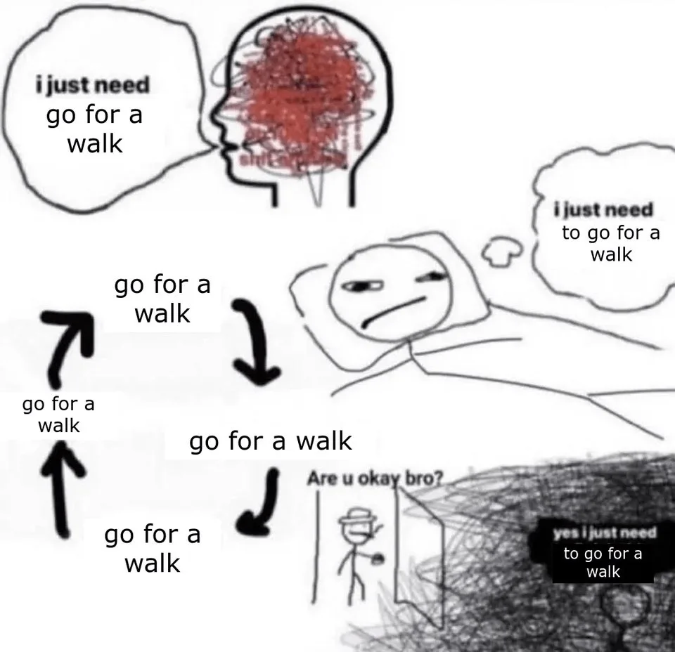 A comic strip shows a person repeatedly saying they need to go for a walk, starting with a thought bubble, then arrows…