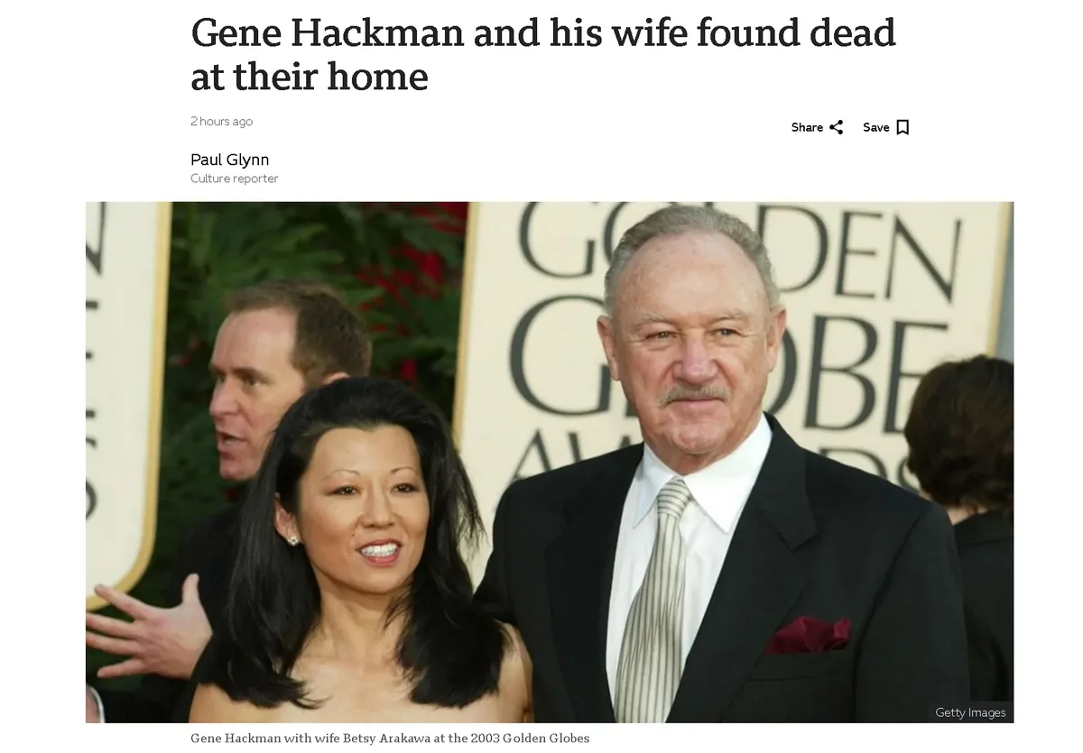 A news article screenshot shows a photo of Gene Hackman and his wife Betsy Arakawa smiling at the 2003 Golden Globes. The…