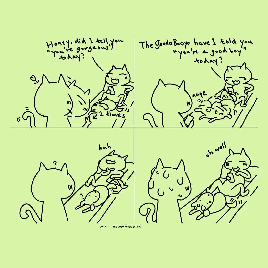 A four-panel comic strip with simple black line drawings on a light green background, showing a cat affectionately…