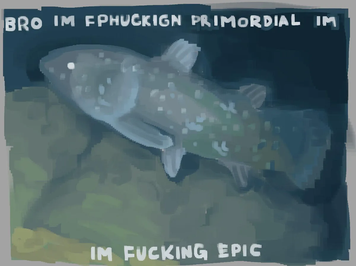 A pixelated, low-resolution image of a fish-like creature swimming in murky water, overlaid with bold white text that reads…