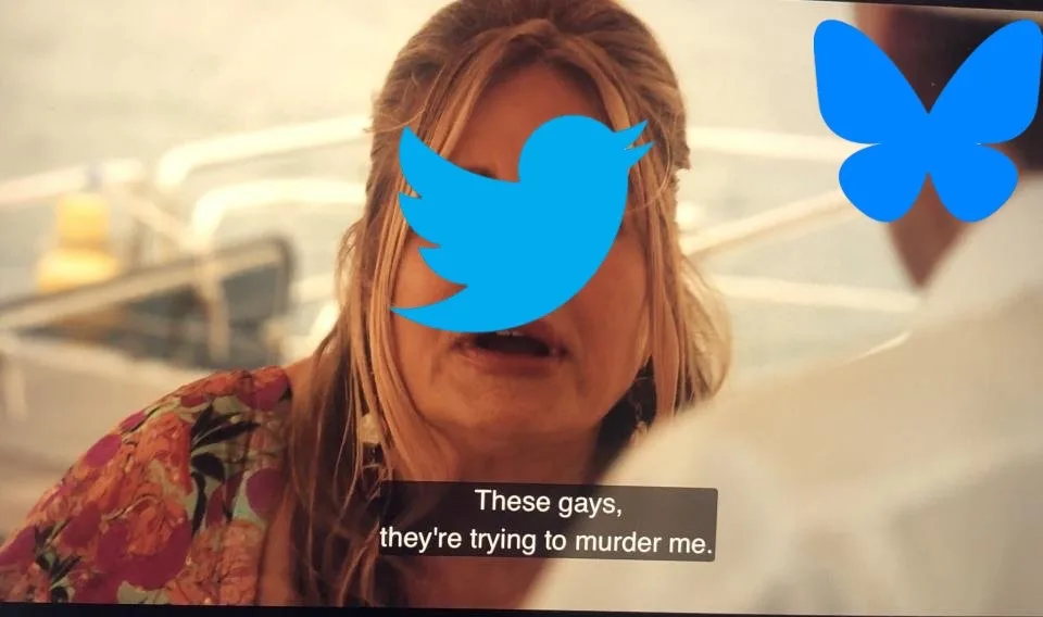 A woman with blonde hair and a floral top is shown in a scene with a subtitle reading 'These gays, they're trying to murder…