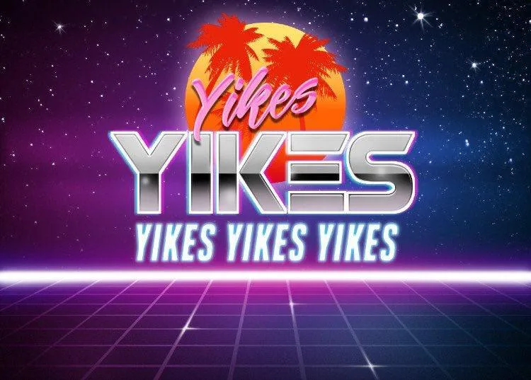 A retro-futuristic image with a purple grid floor, starry sky, and a sun with palm trees. The word 'Yikes' is displayed in…