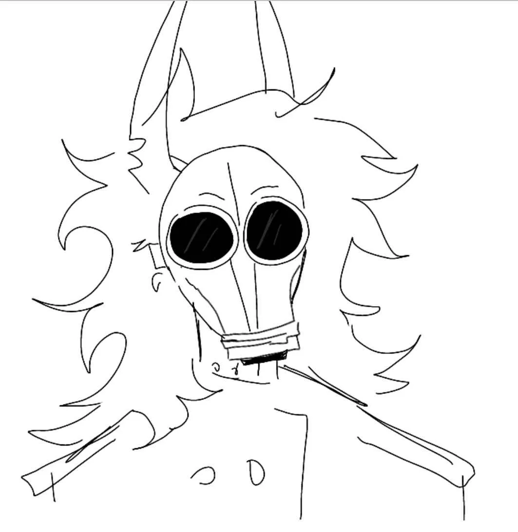 A simple black-and-white line drawing shows a cartoonish character with spiky hair and horns, wearing a gas mask that covers…