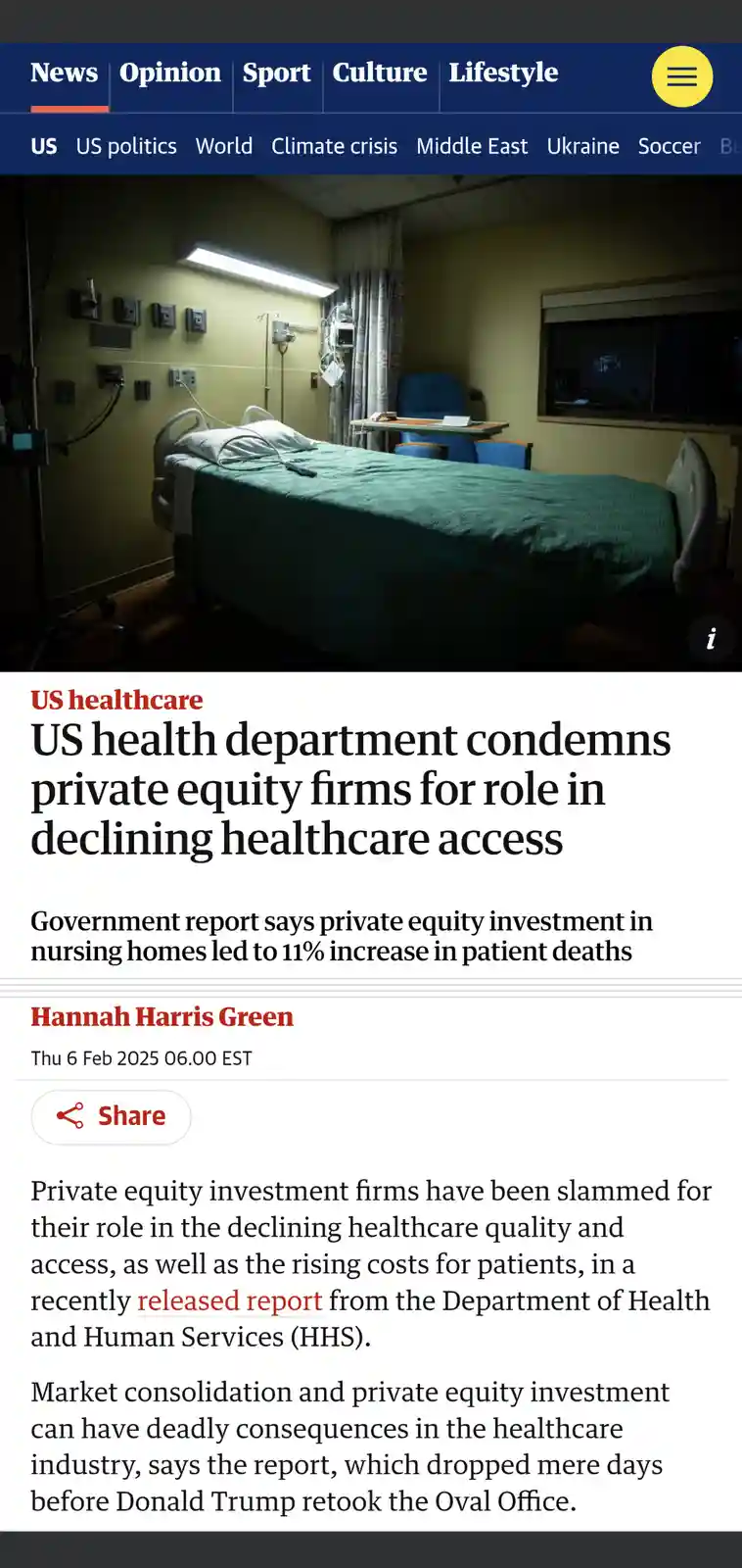 An image of an empty hospital room with a bed, medical equipment, and dim lighting is overlaid with a news article headline…