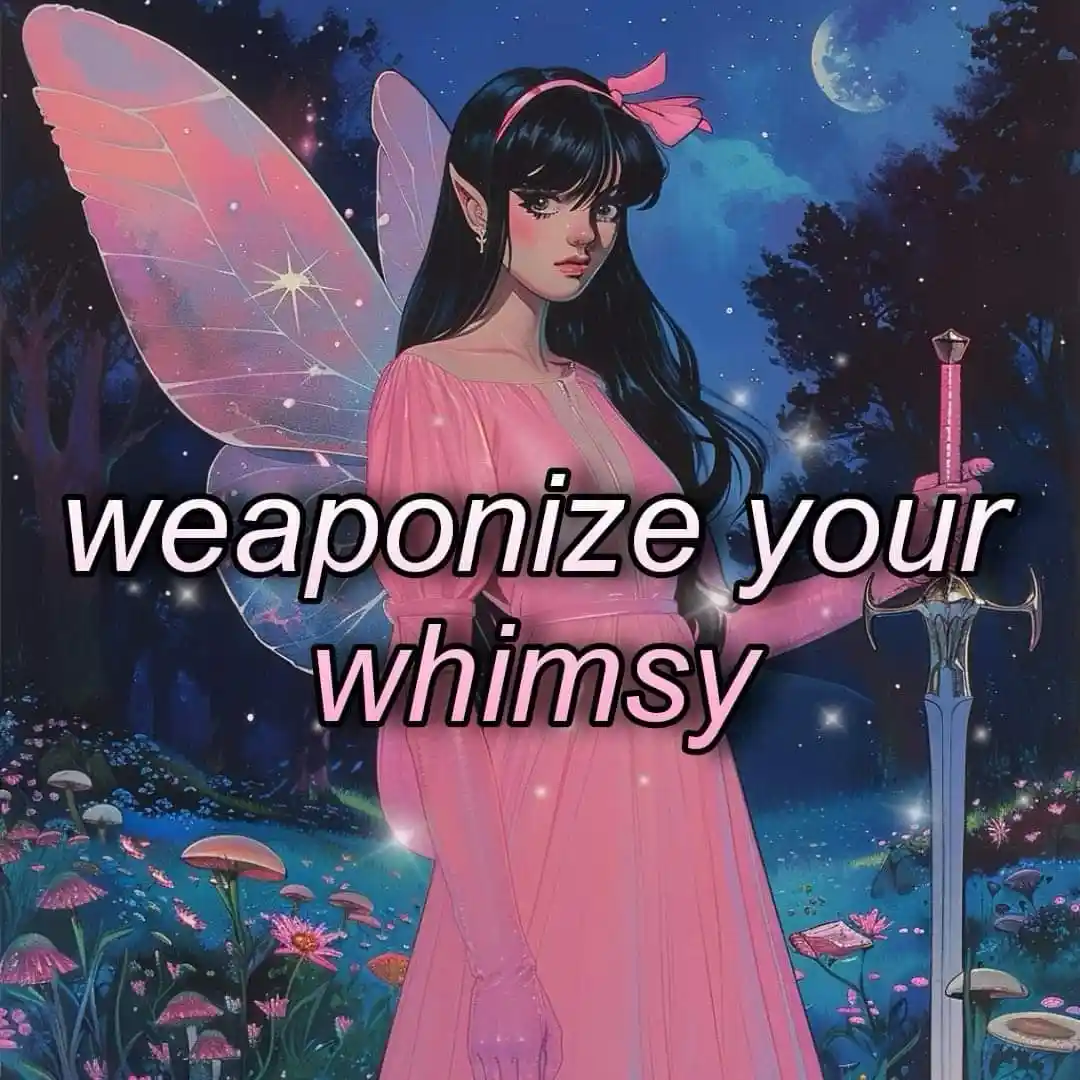 A fantasy illustration shows a young woman with long black hair, pink fairy wings, and a pink dress standing in a magical…