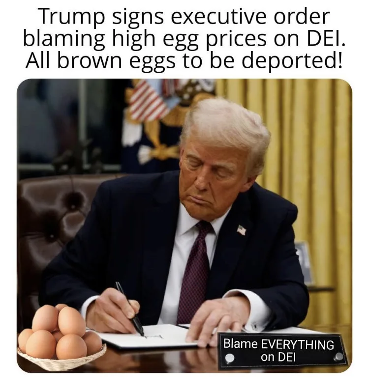 A photo of Donald Trump signing a document at a desk with a basket of brown eggs beside him. Overlaid text reads: 'Trump…