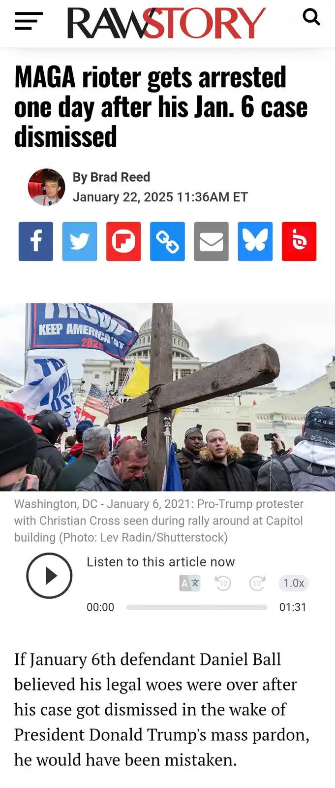 A screenshot of a RawStory article from January 22, 2025, shows a photo of a pro-Trump protester holding a large wooden…