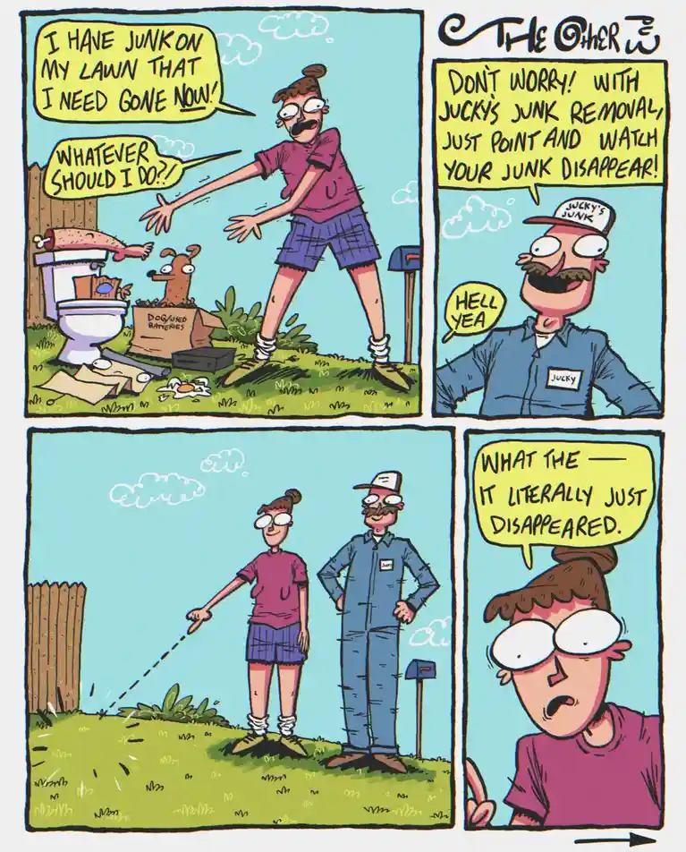 A four-panel comic strip shows a panicked homeowner with junk on their lawn, including a toilet, a dog in a box labeled…
