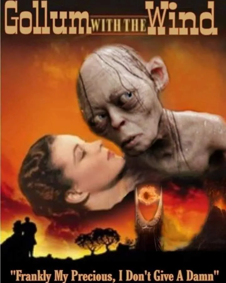 The image is a parody movie poster featuring Gollum from Lord of the Rings looming over a woman in a classic romantic film…