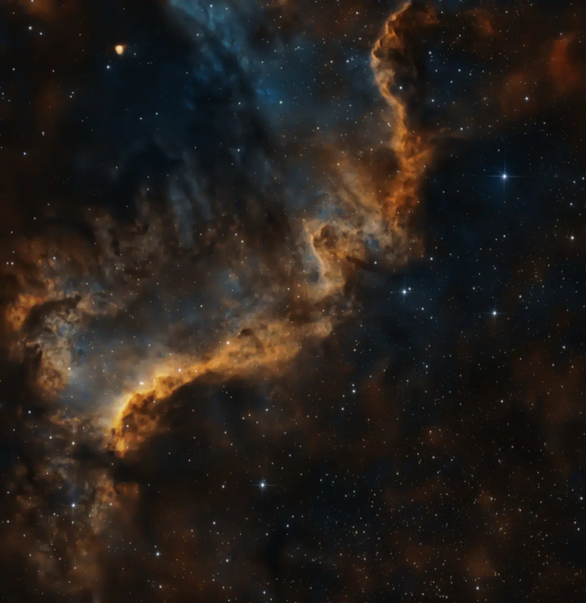 A cosmic nebula image featuring swirling clouds of orange and blue gas against a starfield, with the overlaid text 'i'm not…