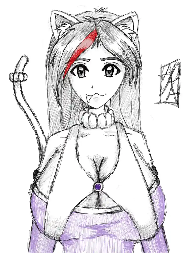 A sketch of an anime-style girl with cat ears, a tail, and fangs, wearing a purple outfit and making a hand gesture. The…