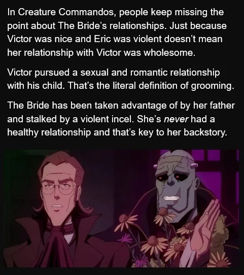 The image shows two animated characters from 'Creature Commandos': a man with glasses and a dark coat on the left, and a…