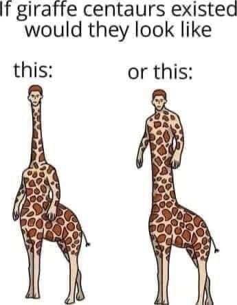 The image displays two cartoonish giraffe centaurs side by side against a white background. The left figure has a human…