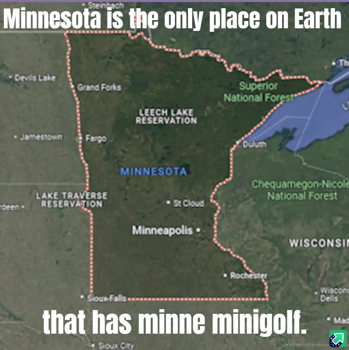 A satellite map of Minnesota with its border outlined in red dots, showing cities like Minneapolis, Duluth, and St. Cloud…