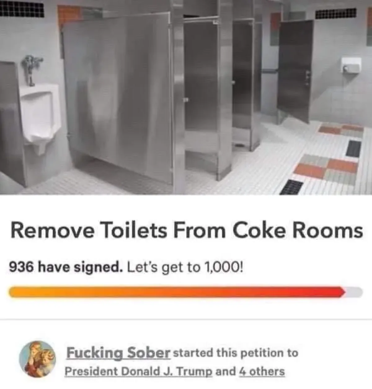 The image shows a public restroom with stainless steel stalls and a urinal, overlaid with text mimicking a petition…