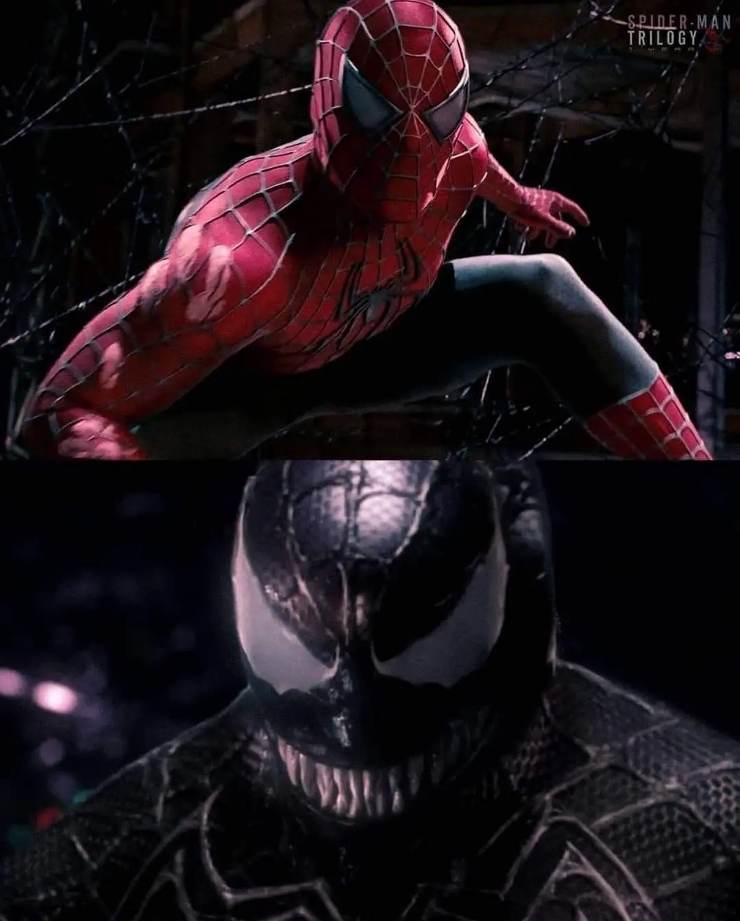 The image is split into two panels. The top panel shows Spider-Man in his classic red and blue suit, crouched and ready for…