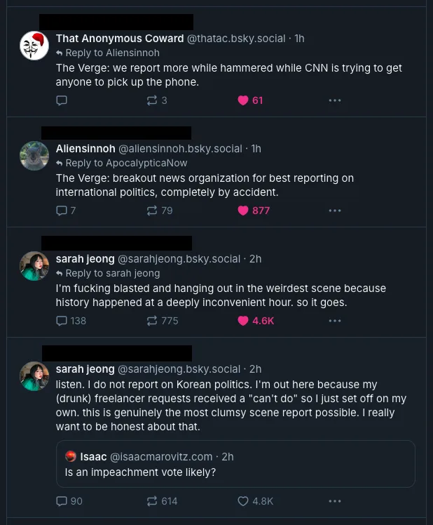 A screenshot of a social media thread showing replies to a post about reporting on political events. One user claims The…