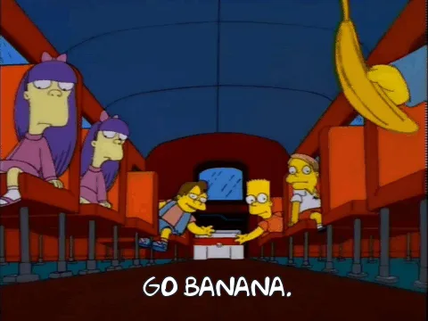 A four-panel comic strip from The Simpsons shows a young boy in a blue shirt reaching for a banana while a girl with purple…