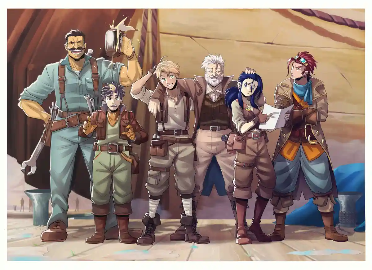 A group of six anime-style adventurers in rugged, explorer-like attire pose together in a desert-like setting. The character…