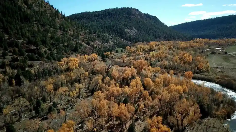An aerial view of a valley with golden autumn trees and a river winding through, surrounded by evergreen-covered hills under…