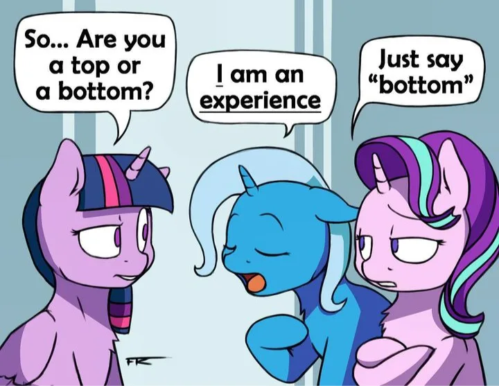 Three cartoon ponies are shown in a hallway. The pony on the left asks, "So... Are you a top or a bottom?" The middle pony…