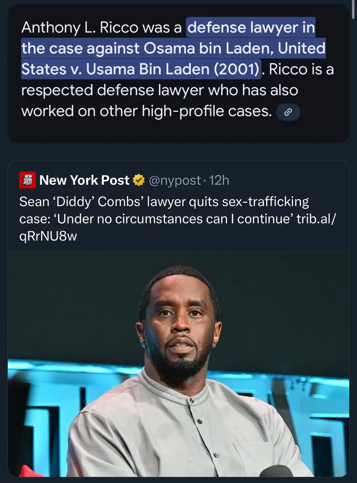 The image shows a screenshot of a New York Post tweet about Sean 'Diddy' Combs' lawyer quitting a sex-trafficking case…