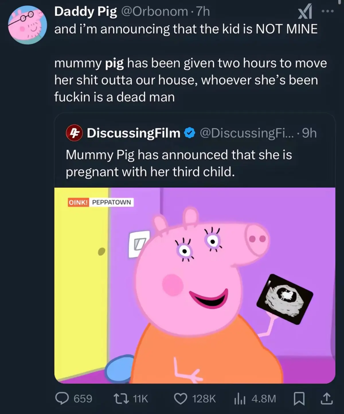A screenshot of a Twitter thread shows a tweet from 'Daddy Pig' reacting to a news report that 'Mummy Pig' is pregnant. The…