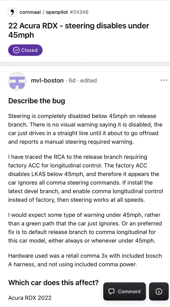 A screenshot of a GitHub issue from the 'commaai / openpilot' repository, titled '22 Acura RDX - steering disables under…