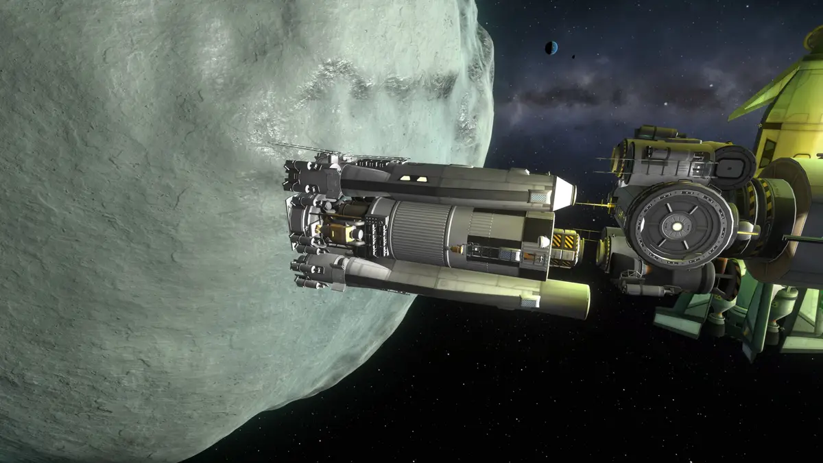 A detailed space scene shows two spacecraft docked in orbit near a large, cratered moon or asteroid. The background features…