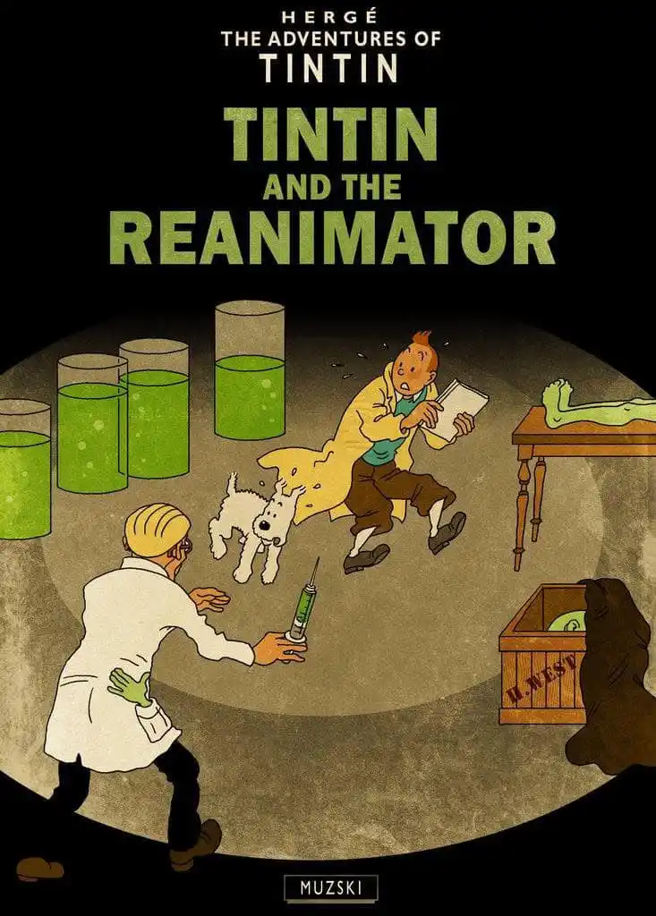 A parody book cover shows Tintin and his dog Snowy fleeing from a mad scientist in a lab with green bubbling liquids. The…