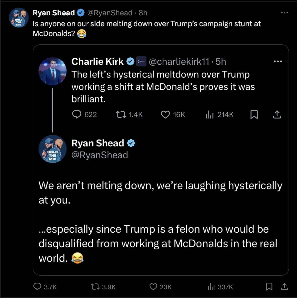 A screenshot of a Twitter thread showing Ryan Shead asking if anyone on 'their side' is melting down over Trump's McDonald's…