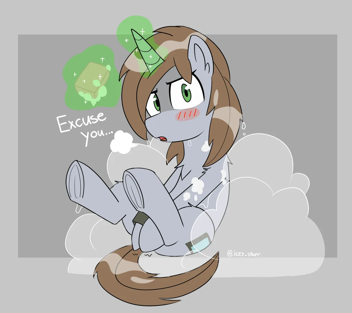 A cartoon pony with gray fur, brown mane and tail, and a green horn is sitting in a bubble bath, looking annoyed and…