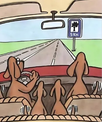 A cartoon depicts several dogs in a car, with one driving and others in the back, approaching a road sign that reads '5 Km'…
