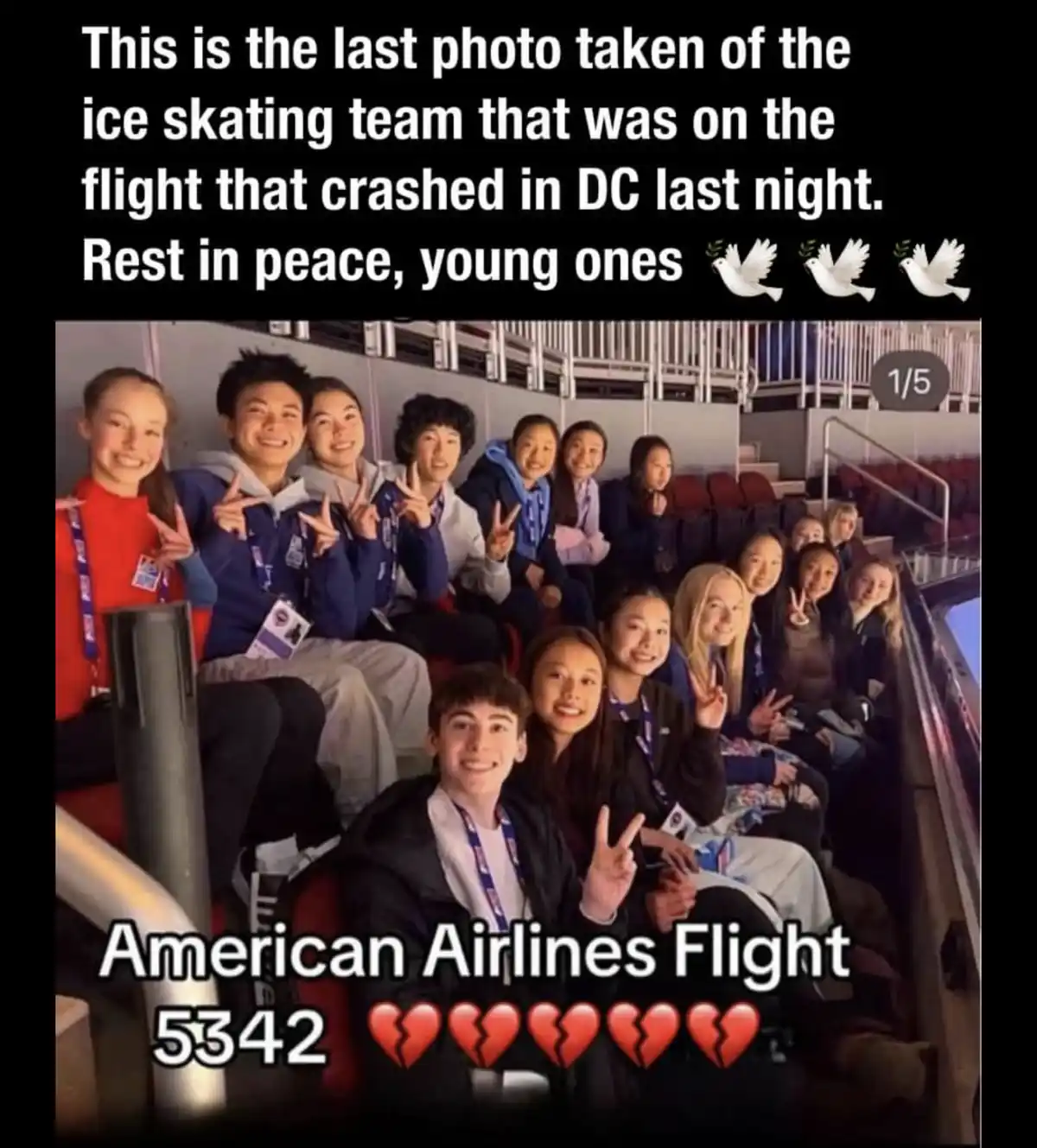 A group photo of smiling young ice skaters posing with peace signs in stadium seating, overlaid with text claiming it's…