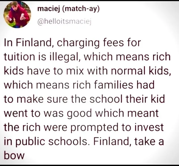 A screenshot of a tweet by user 'maciej (match-ay)' with the handle '@helloitsmaciej'. The tweet text explains how Finland's…