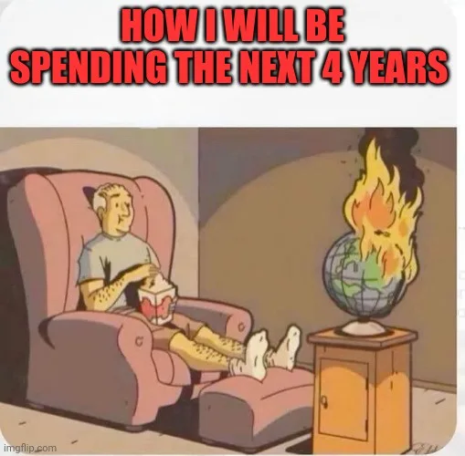 A cartoon man lounges comfortably in a recliner, eating popcorn, while a globe on a stand beside him is engulfed in flames…