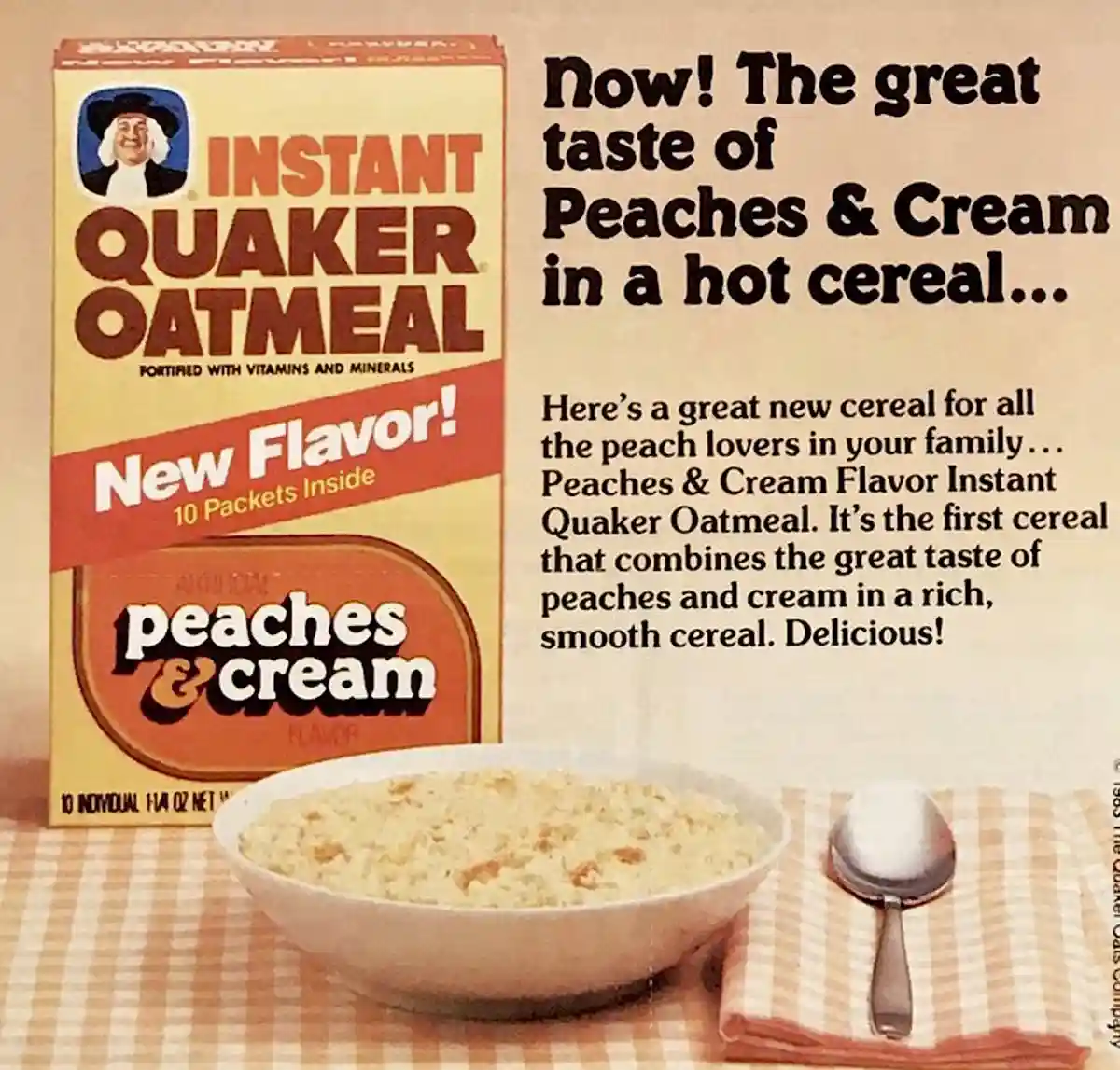 A vintage 1960s Quaker Oatmeal advertisement shows a box labeled 'Instant Quaker Oatmeal' with 'New Flavor!' and 'peaches &…