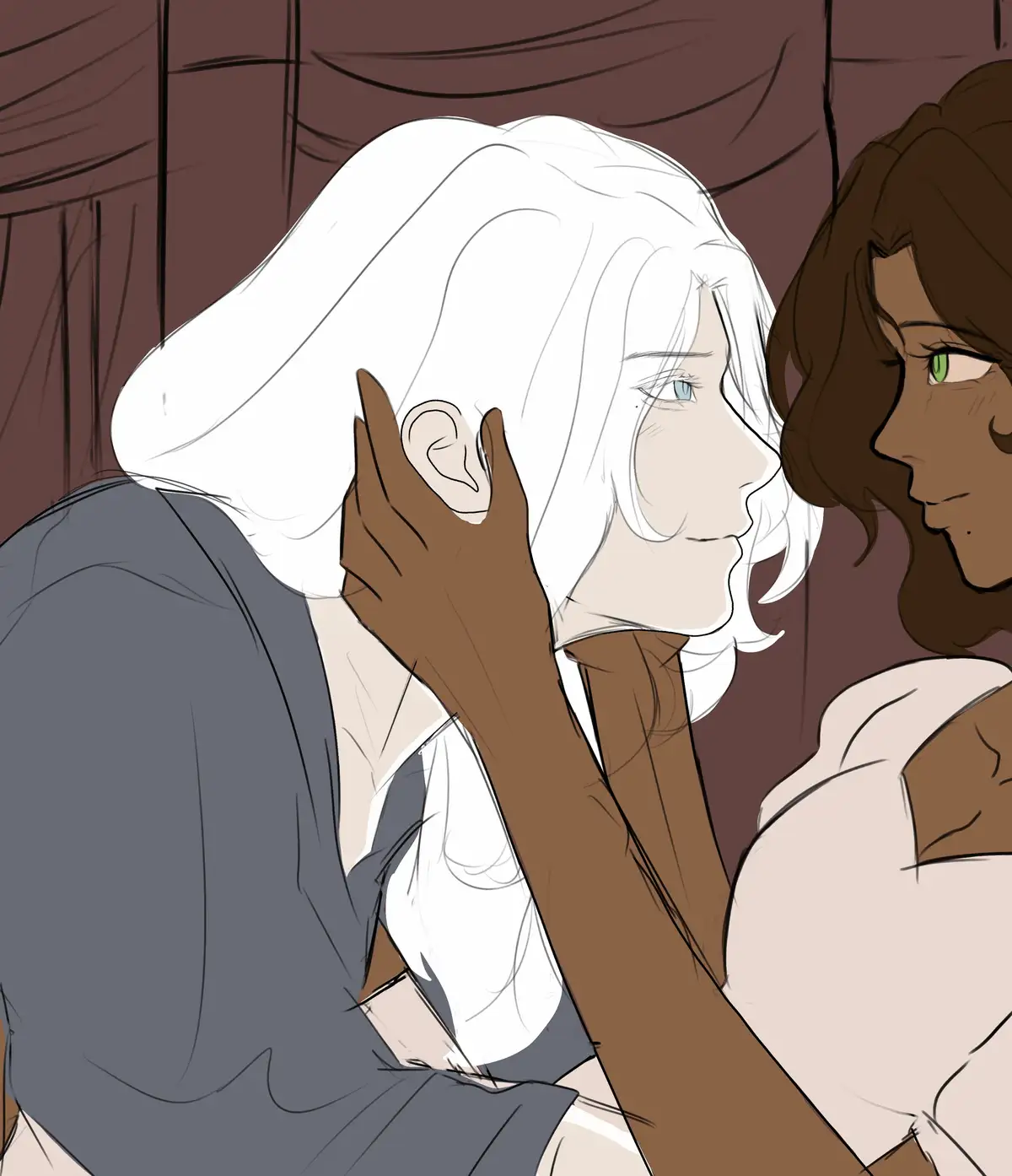 An anime-style illustration shows a person with white hair and blue eyes being gently touched on the ear by another person…