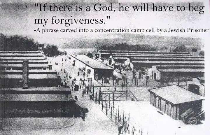 A black-and-white historical photograph shows a sprawling concentration camp with rows of barracks, fences, and many…